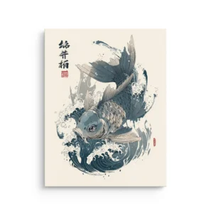 Ukiyo-e koi fish splashing through Japanese waves with calligraphy, navy ivory thin canvas wall art