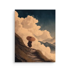 Ukiyo-e inspired traveler with wagasa umbrella on a mountain path under glowing clouds thin canvas wall art