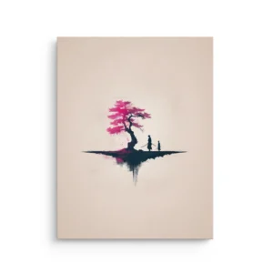 Minimal samurai silhouettes under pink cherry blossom tree on neutral background, japandi thin canvas wall art