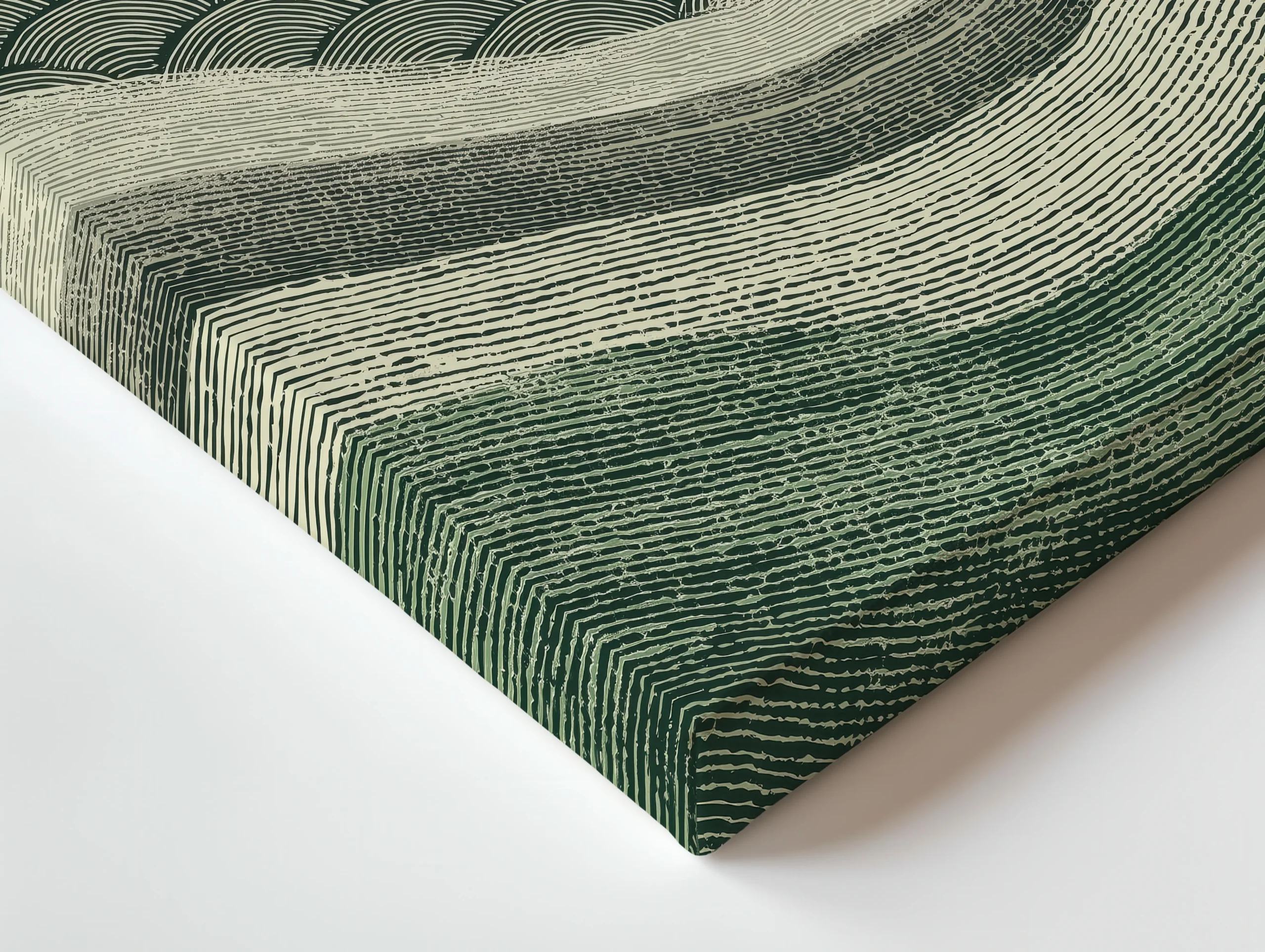 Close-up of thin canvas edge showing layered green wave line pattern and premium canvas texture with a slim profile.