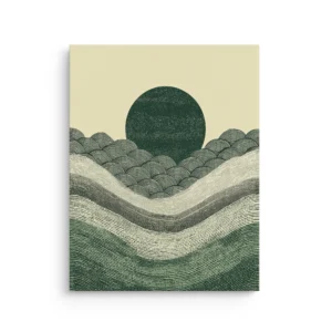 Minimalist Japandi landscape with layered green wave lines and a dark green rising sun on warm ivory, thin canvas wall art.