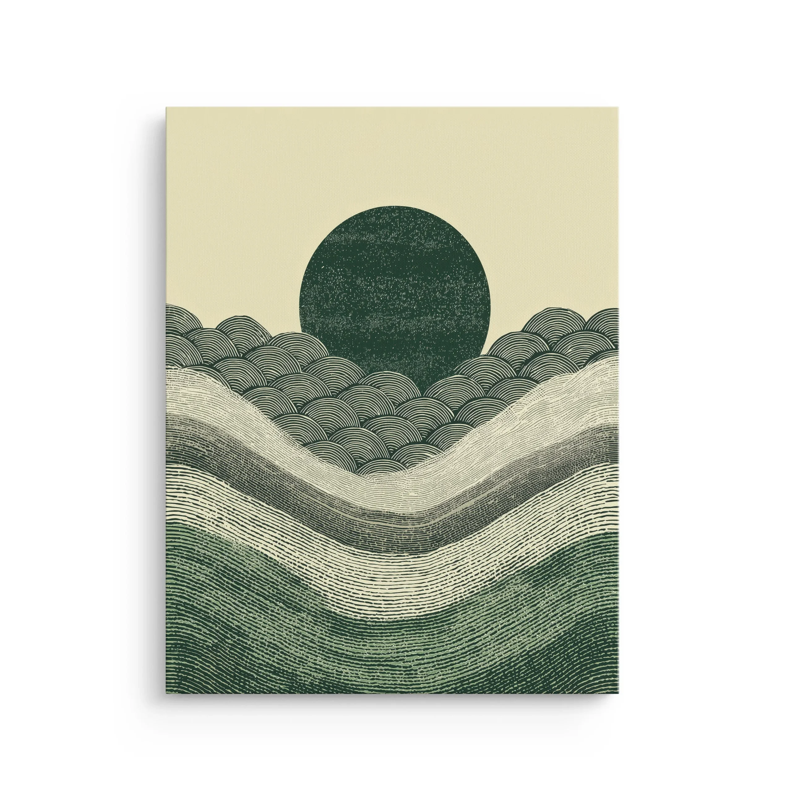 Minimalist Japandi landscape with layered green wave lines and a dark green rising sun on warm ivory, thin canvas wall art.