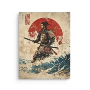 Vintage Ukiyo e samurai with red rising sun and ocean wave thin canvas wall art