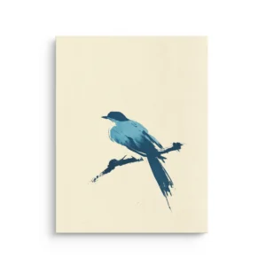 Minimal Japanese inspired bluebird perched on a brushstroke branch on warm ivory paper texture thin canvas wall art with lots of negative space.