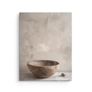 Wabi sabi wooden bowl still life on textured plaster wall thin canvas wall art