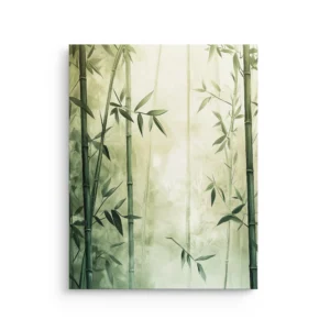 Misty green bamboo forest with tall bamboo stalks and soft leaves in a Japanese inspired ink wash style on premium thin canvas wall art.