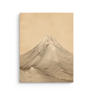 Minimal Mount Fuji contour line art in warm beige tones on a premium thin canvas, Japandi wall decor.