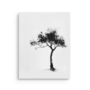 Minimalist black ink tree with expressive splatter foliage on a clean white background printed on premium thin canvas wall art.