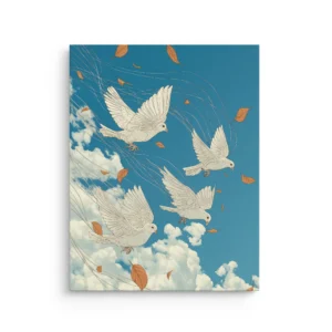 Ukiyo-e inspired white doves flying through blue sky and clouds with drifting autumn leaves thin canvas wall art