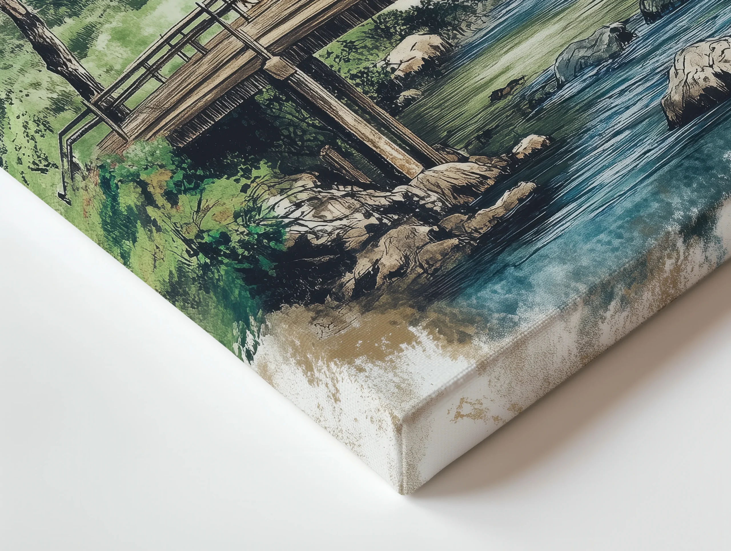 Close up of thin canvas texture and wrapped edge showing Bridge to the Highlands landscape print detail