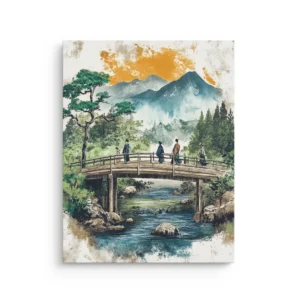 Ukiyo e inspired mountain landscape with wooden bridge over river at sunset thin canvas wall art