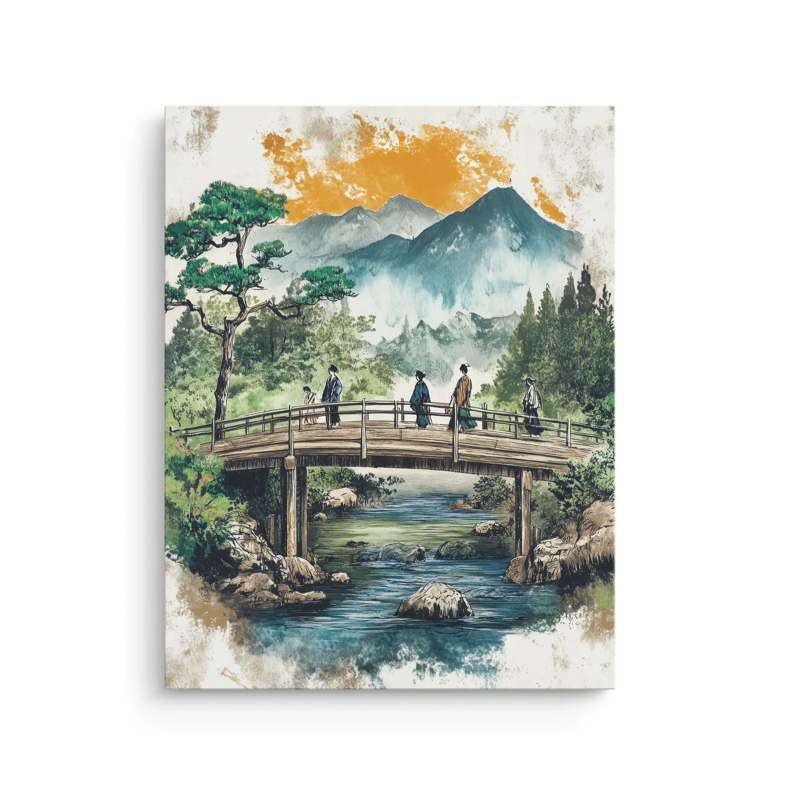 Ukiyo e inspired mountain landscape with wooden bridge over river at sunset thin canvas wall art