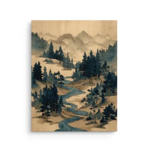 Winding River Pines ukiyo e style landscape with winding river and indigo pine forest thin canvas wall art