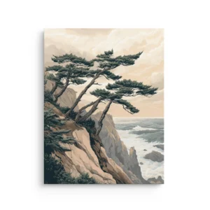 Windswept pine trees on rugged coastal cliffs above ocean waves under a soft beige sky in a Japanese inspired landscape style on premium thin canvas wall art.