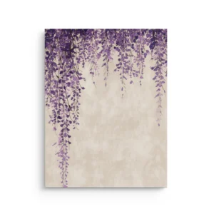 Soft purple wisteria flowers cascading from the top on a warm beige watercolor background in a minimalist Japandi botanical style on premium thin canvas wall art.