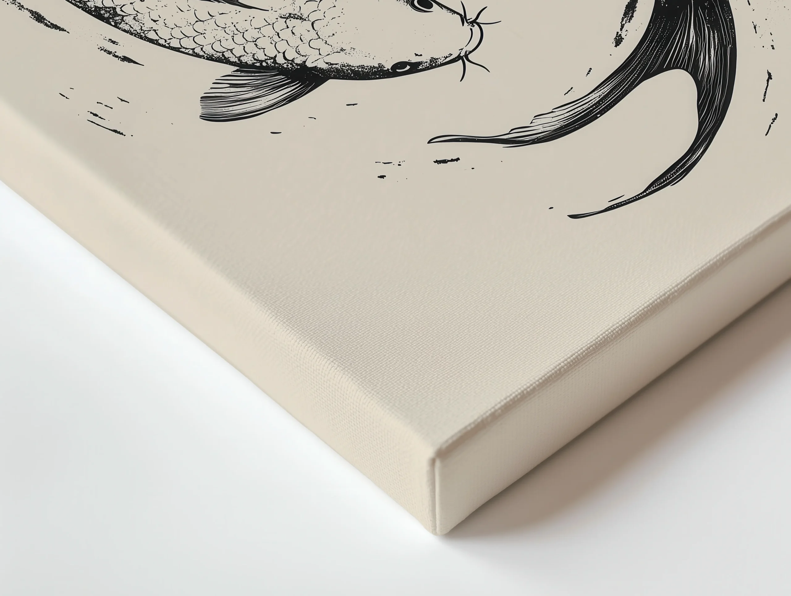 Close-up of thin canvas edge showing warm beige print and textured surface on a slim premium canvas.