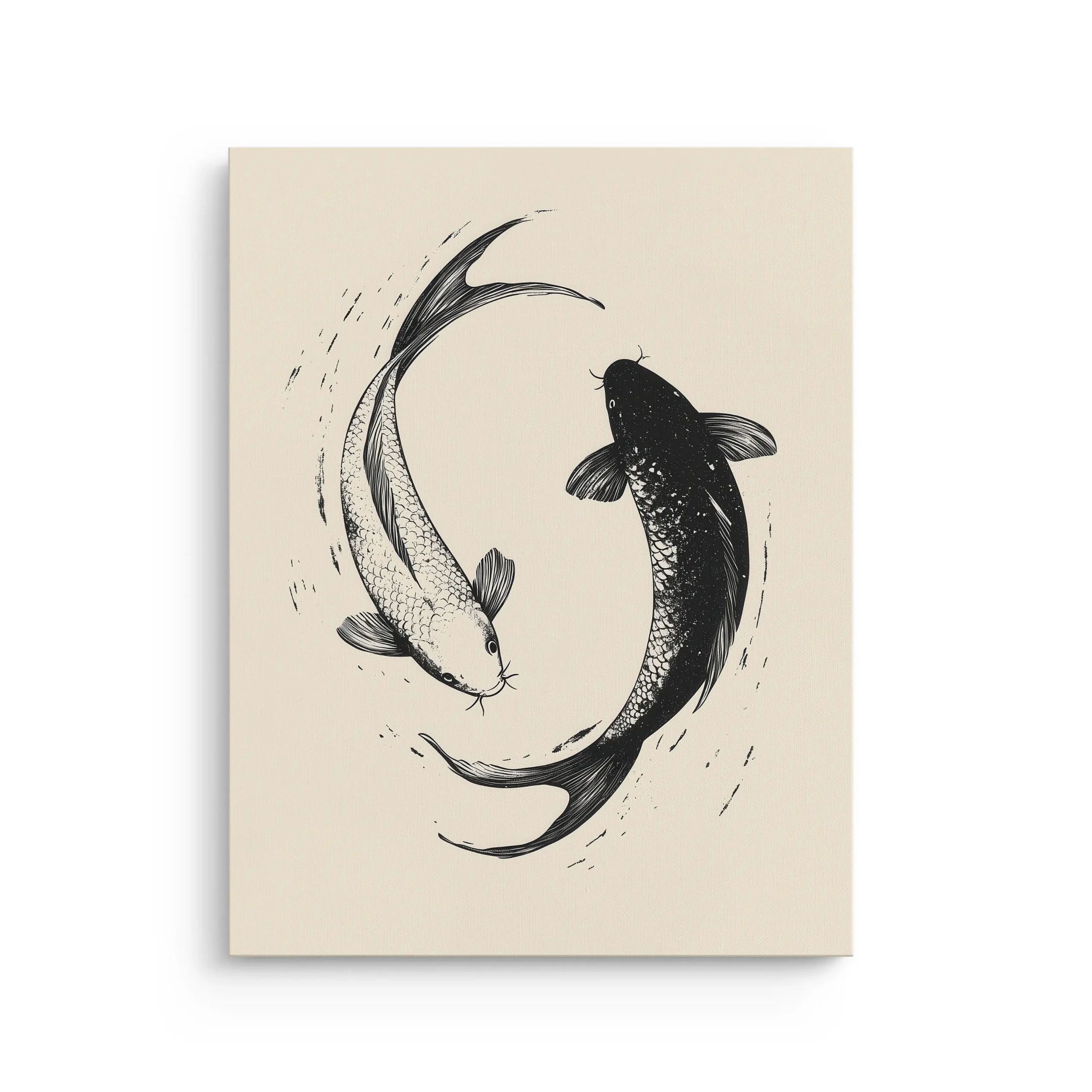 Two koi fish forming a yin-yang circle in black and white ink on a warm beige background, minimalist Japandi thin canvas wall art.