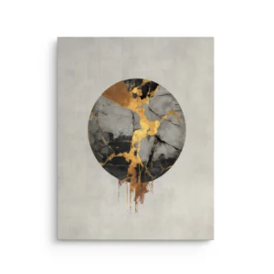 Abstract broken circle with gold kintsugi cracks and subtle drips on a neutral background, printed on a premium thin canvas.