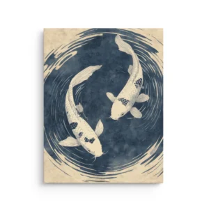 Two ivory koi fish swimming in a yin-yang circle in deep indigo water with Japanese ink-style ripples, Japandi thin canvas wall art.