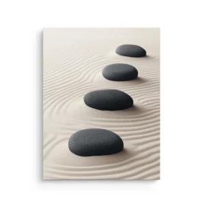 Minimal Zen balance stones on raked sand ripples neutral beige and black thin canvas wall art.