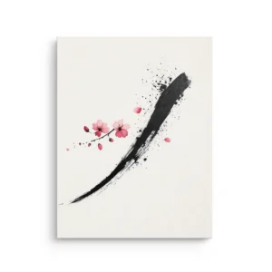 Zen Blossom Stroke minimalist sumi e brushstroke with pink cherry blossoms and petals thin canvas wall art