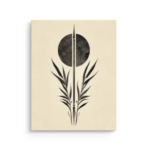 Minimalist Zen botanical emblem with a black circle and leaf silhouettes on an ivory background, Japandi thin canvas wall art.