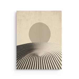 Minimalist Zen dune sun artwork with raked sand lines in neutral tones, thin canvas wall art