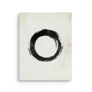 Black enso circle Japanese ink brush on neutral textured background thin canvas wall art.