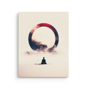 Zen enso circle with clouds and meditating silhouette in neutral tones, thin canvas wall art