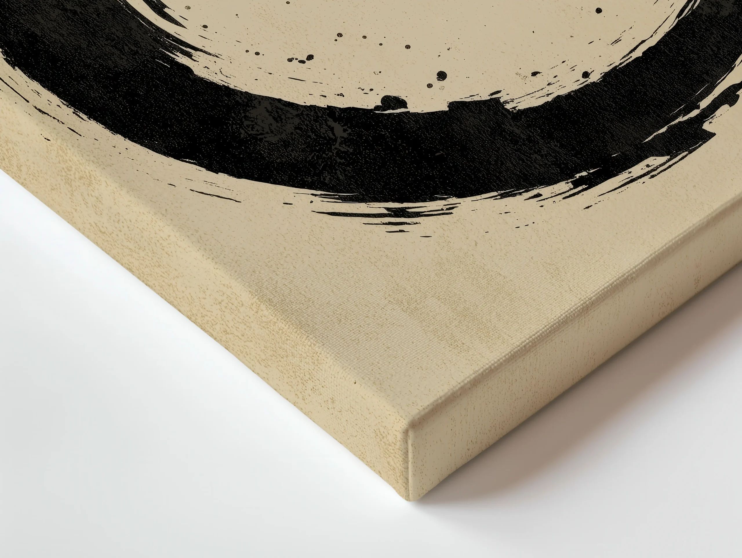 Close up of thin canvas texture and wrapped edge showing zen enso brushstroke detail