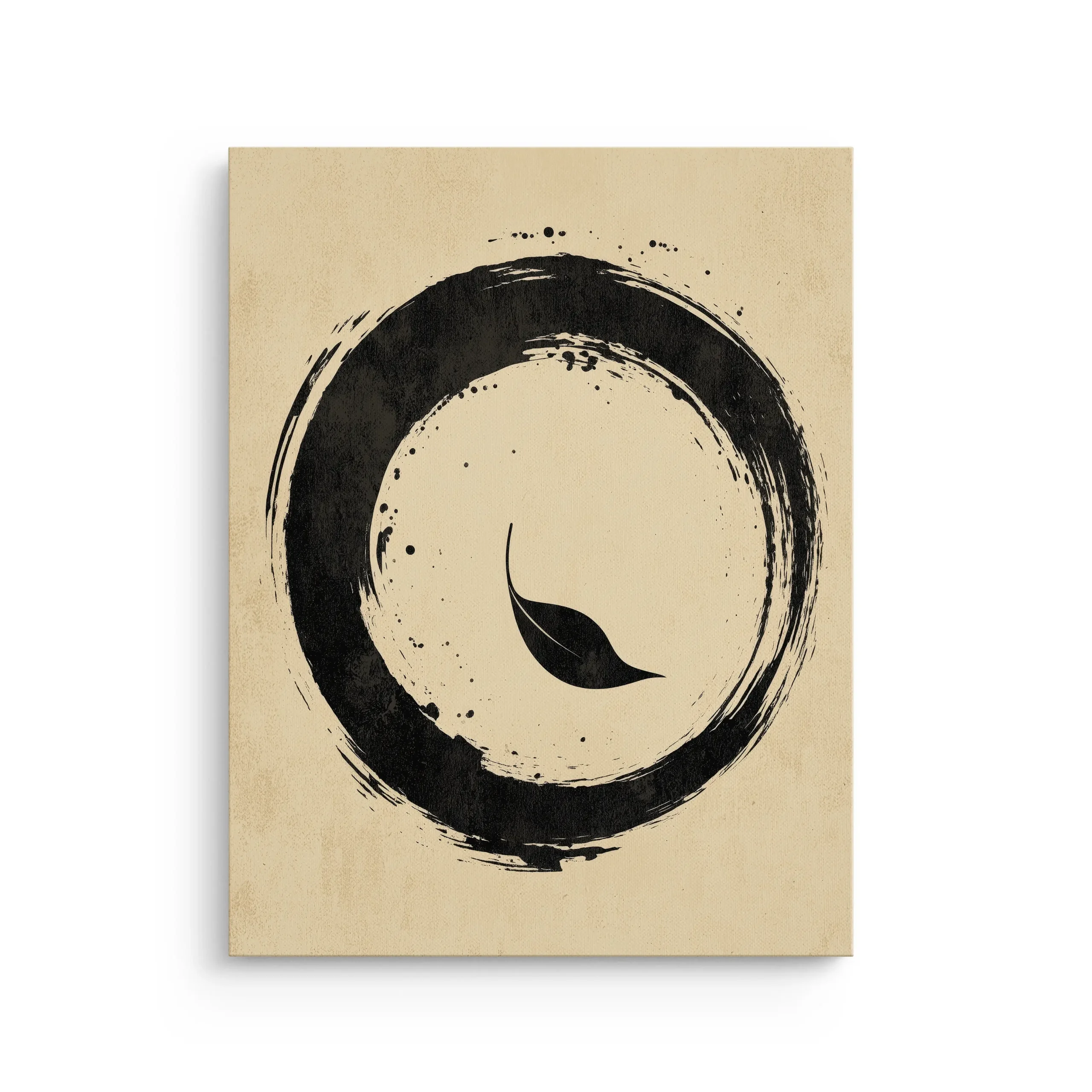 Zen enso circle with single leaf on beige background thin canvas wall art