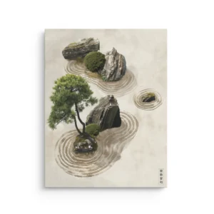 Japanese zen garden with pine tree stones and raked sand circles thin canvas wall art in neutral beige and moss tones