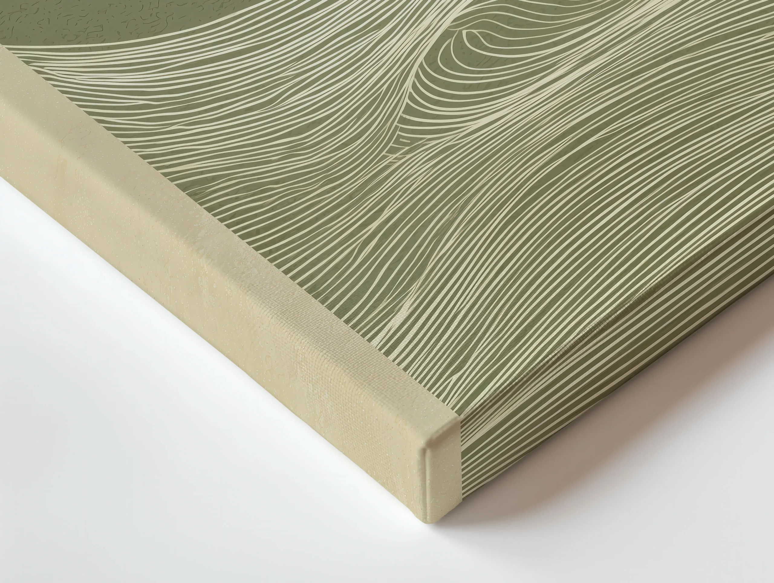 Close-up of premium thin canvas texture for Japandi wave horizon artwork in sage green