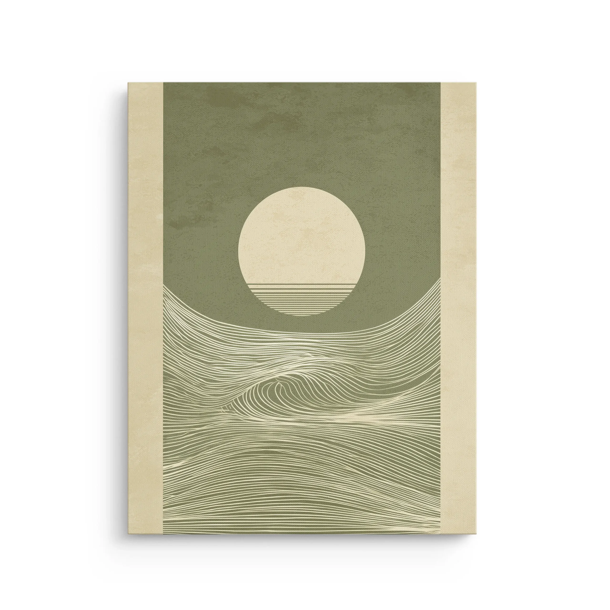 Japandi wave horizon thin canvas in sage green with minimal sun circle and flowing linework