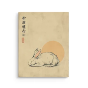 Minimal ink sketch of a sleeping white rabbit under a warm sun circle with a calligraphy-style mark on a textured beige background, Japandi thin canvas wall art.