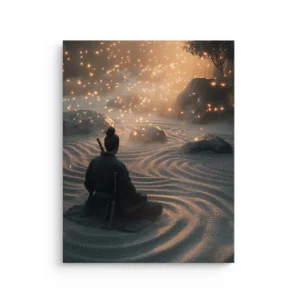 Zen samurai kneeling in raked sand garden with glowing fireflies and warm mist thin canvas wall art Caption: Zen Samurai Fireflies Zen Garden — Thin Canvas Wall Art