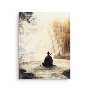 Zen samurai meditating in a raked sand zen garden with bamboo light and mist, thin canvas wall art