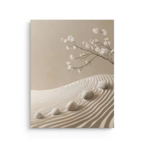 Japandi zen sand garden with raked waves, smooth stones, and cherry blossom branch in neutral beige tones thin canvas wall art