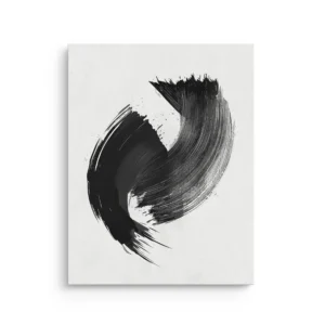 Black ink brushstroke swirl on white background, Zen-inspired abstract art printed on a premium thin canvas.