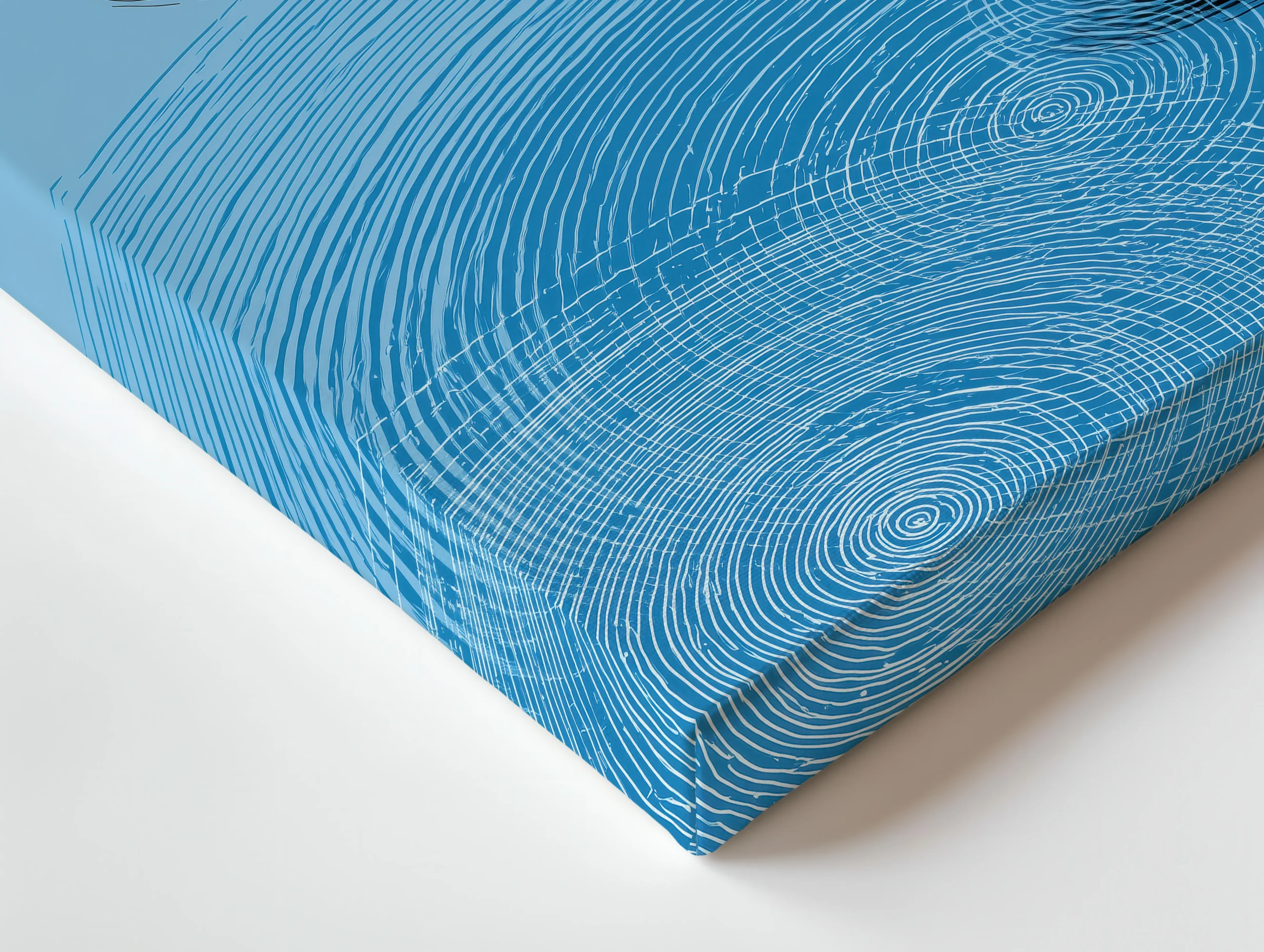 Close up of thin canvas texture and wrapped edge showing blue ripple linework from Zen Steps and Maple Calm