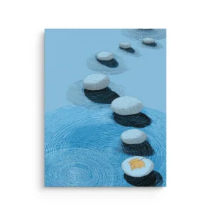 Blue Zen stepping stones over ripple linework with Japanese maple leaf thin canvas wall art