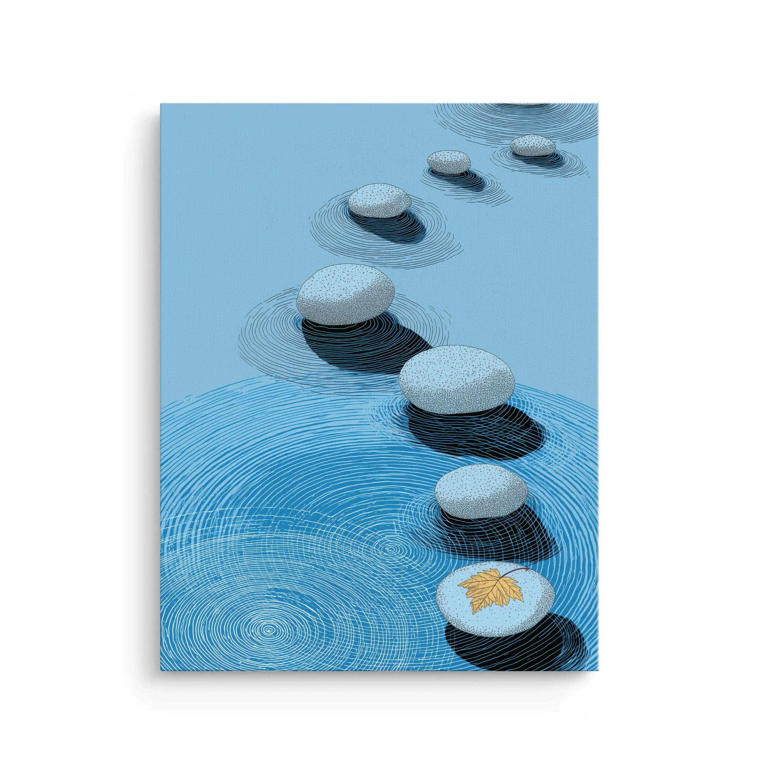 Blue Zen stepping stones over ripple linework with Japanese maple leaf thin canvas wall art