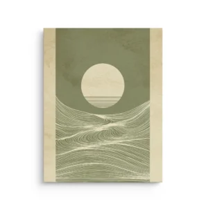 Sage green minimalist wave lines with rising sun circle Japanese inspired thin canvas wall art