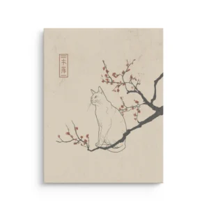 Minimal Japanese inspired ink cat sitting on a dark cherry blossom branch with small red blossoms and a traditional red seal on a warm speckled paper background thin canvas wall art.