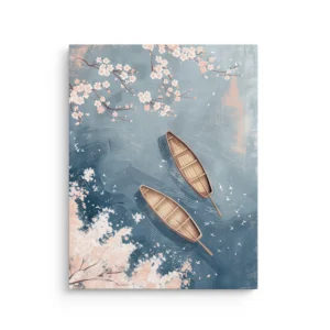 Two boats drifting under cherry blossoms on calm blue water japandi thin canvas wall art