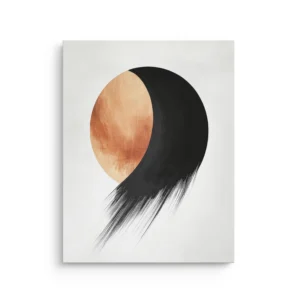 Minimal abstract solar eclipse with warm amber circle and bold black brushstroke, printed on a premium thin canvas for Japandi décor.