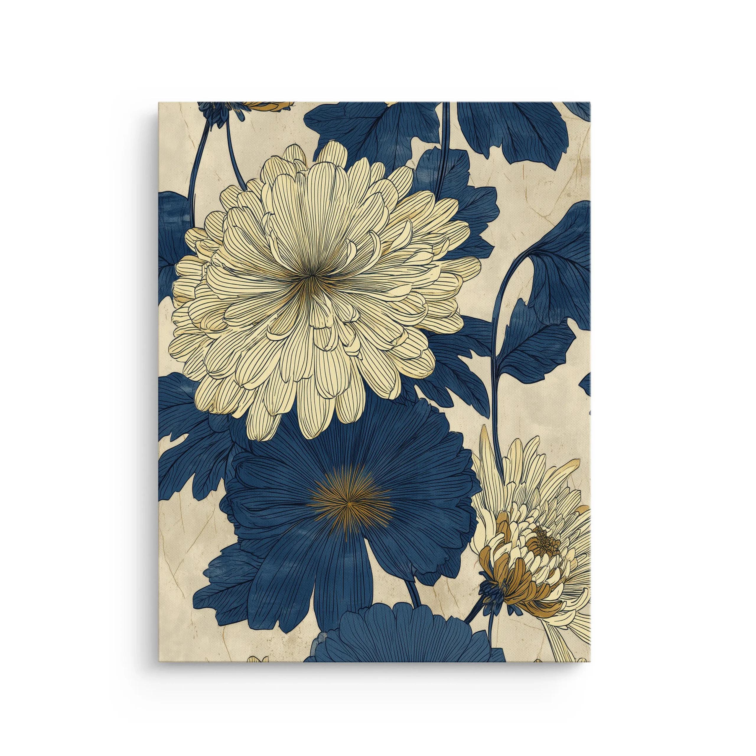 Chrysanthemum Field ukiyo e inspired indigo and ivory floral thin canvas wall art