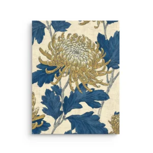 Chrysanthemum Pattern indigo and gold Japanese floral botanical thin canvas wall art
