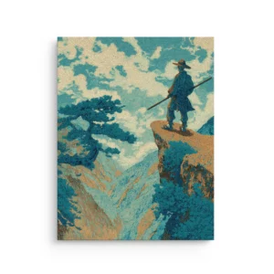 Cliff Wanderer I Hokusai ukiyo e style traveler on cliff above mountains in teal and ochre thin canvas wall art