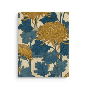Amber chrysanthemum ukiyo e botanical illustration with indigo leaves on beige background thin canvas wall art